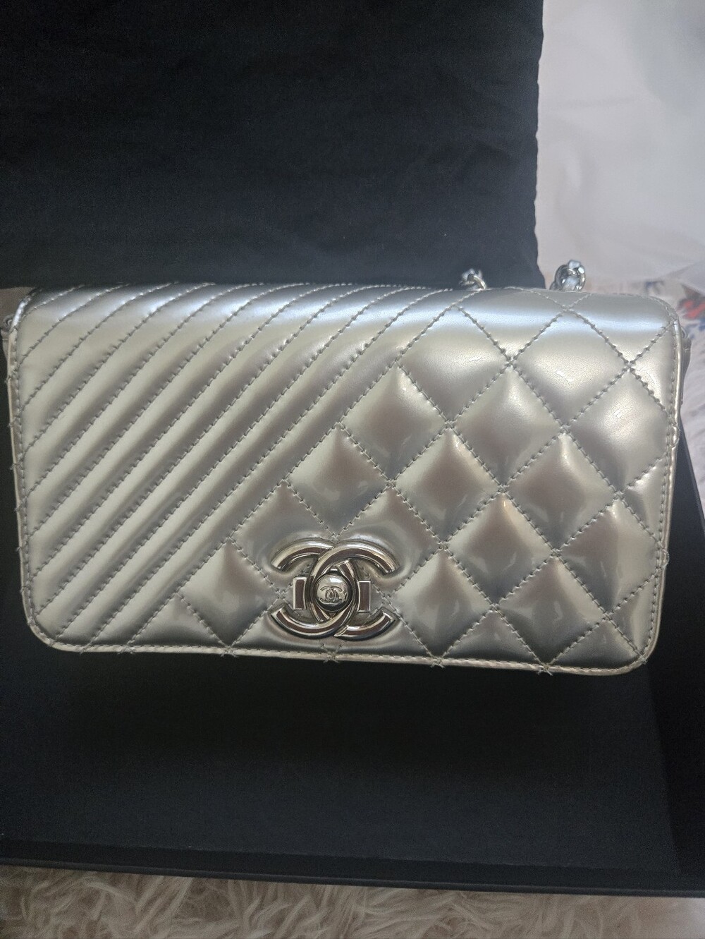 Chanel Silver Small Metallic Patent Coco Boy Flap Silvery Leather Patent leather